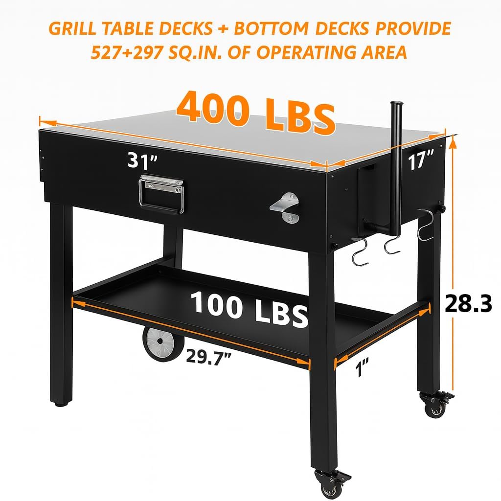 Foldable Grill Cart for Blackstone 17/22, Ninja Woodfire OG700, Ooni Pizza Oven – Portable Grill Table with Wheels, Dual-Shelf BBQ Prep Station with Caddy & Hooks, Compact Camping Griddle Stand