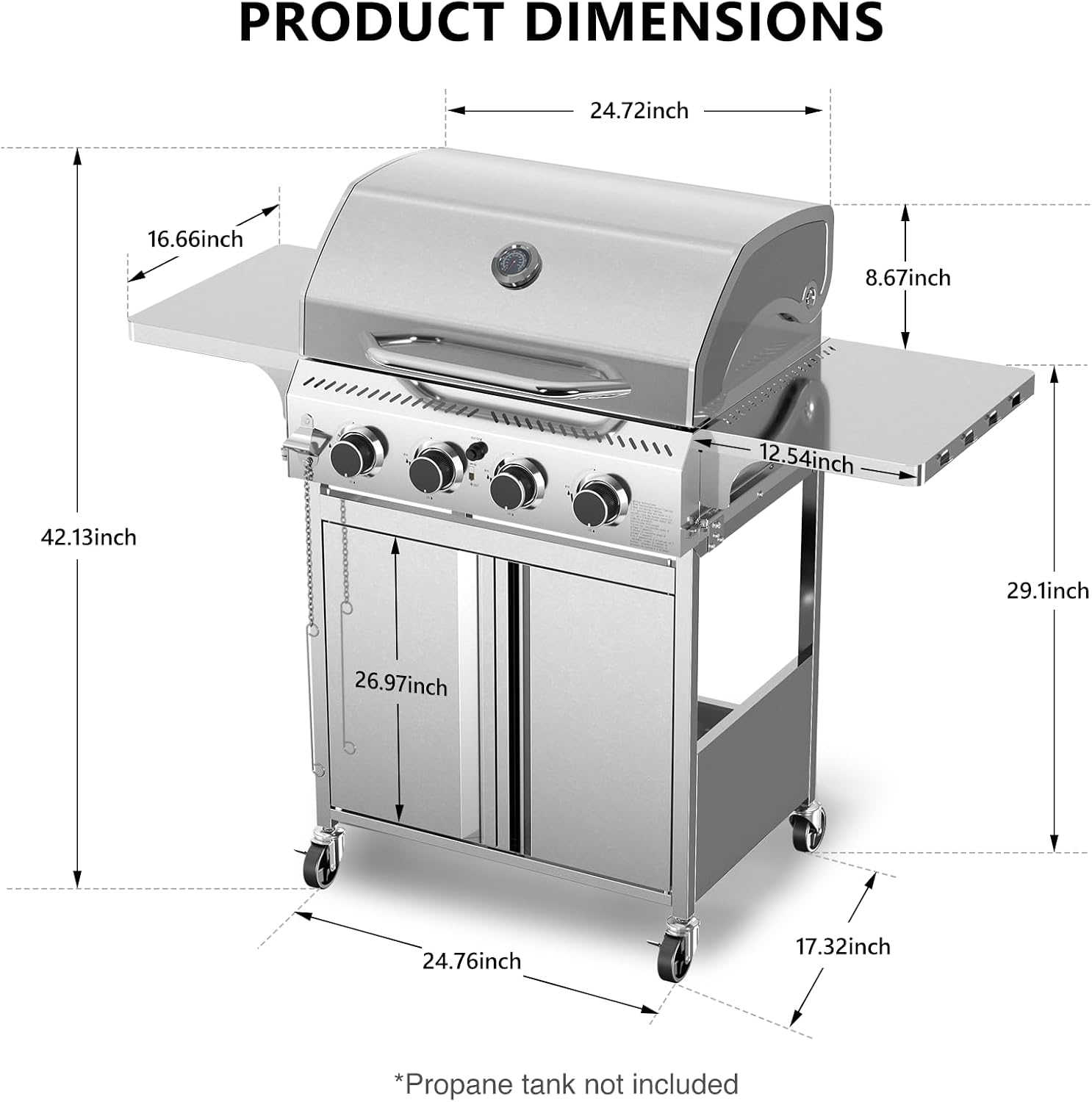 Electactic Propane Gas Grill 4 Burners, 32000 BTU Outdoor Barbecue Grill with Stainless Steel Body & Heavy-Duty 304 Grill Grates, Foldable Side Shelves & Built-in Thermometer, Portable with Wheels