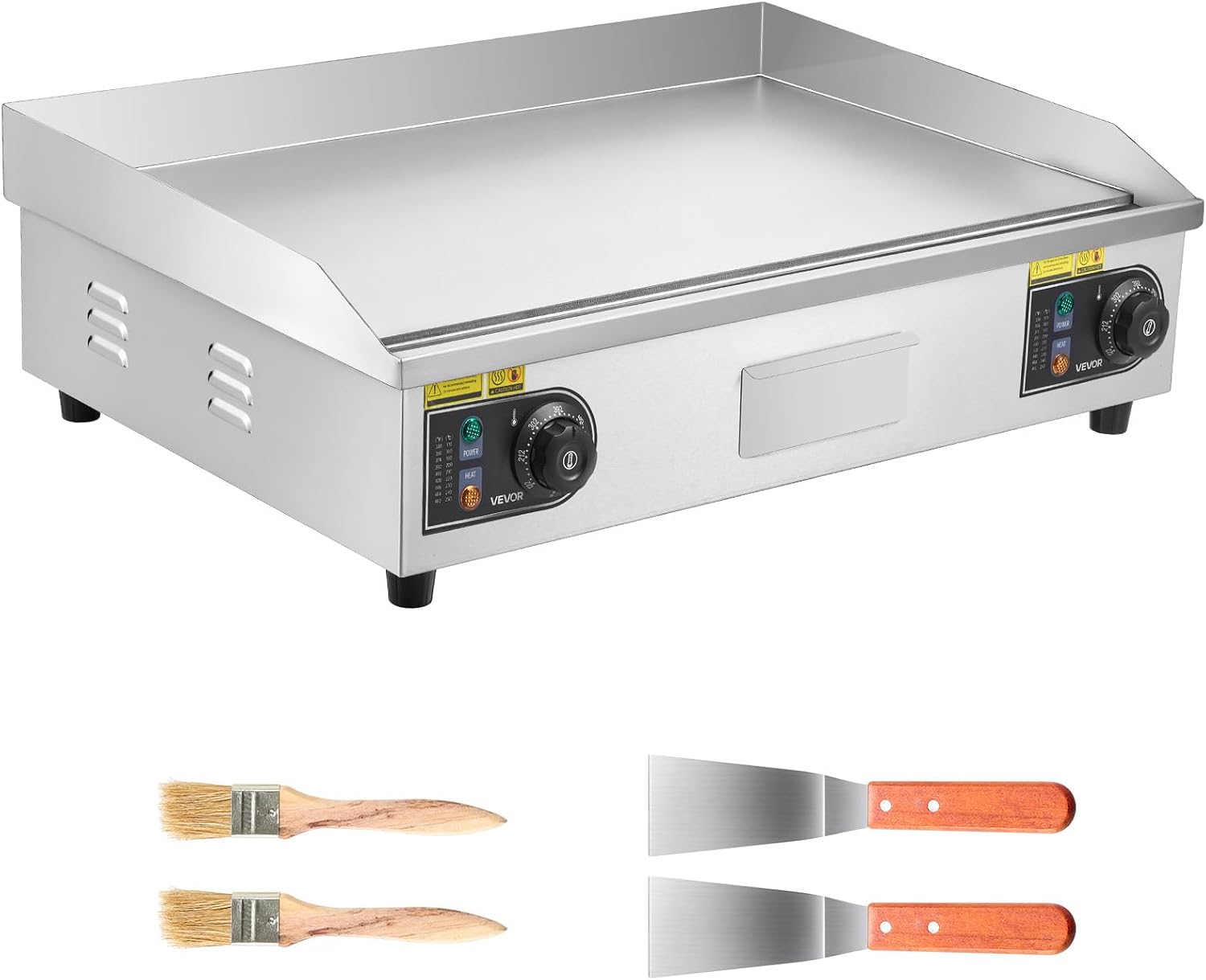 VEVOR Commercial Electric Griddle, 28.54 x 15.75 in, 4400W, 122-570°F Adjustable Temp Control, Stainless Steel Countertop Full Flat Top Grill with 2 Spatulas, 2 Brushes, for Steak, Pancake(NO PLUG)