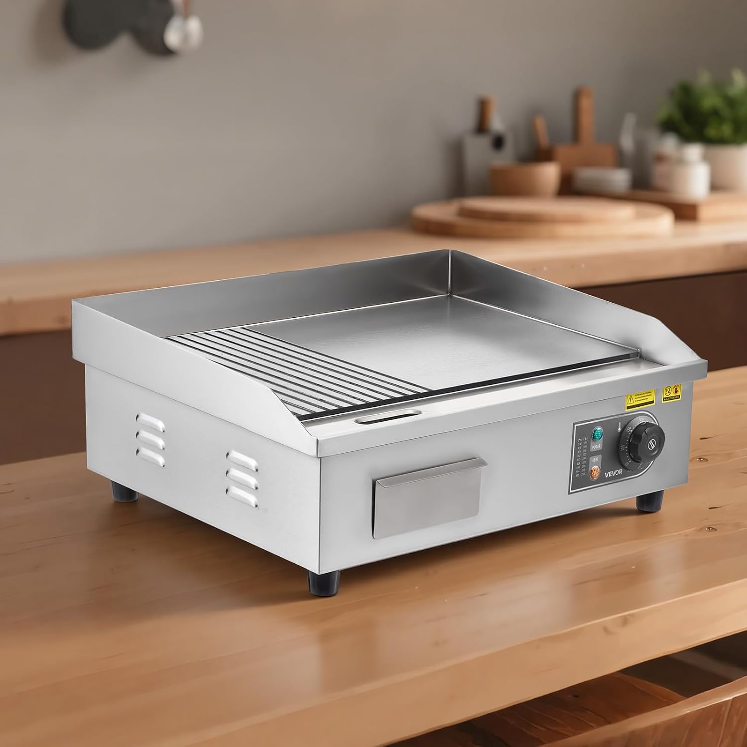 VEVOR Commercial Electric Griddle, 21.06 x 11.81 inch, 1750W, 122-570°F Adjustable Temp Control, Stainless Steel Body, Half Grooved Half Flat, with 2 Spatulas, 2 Brushes, and 4 Foot Pads, for Steak