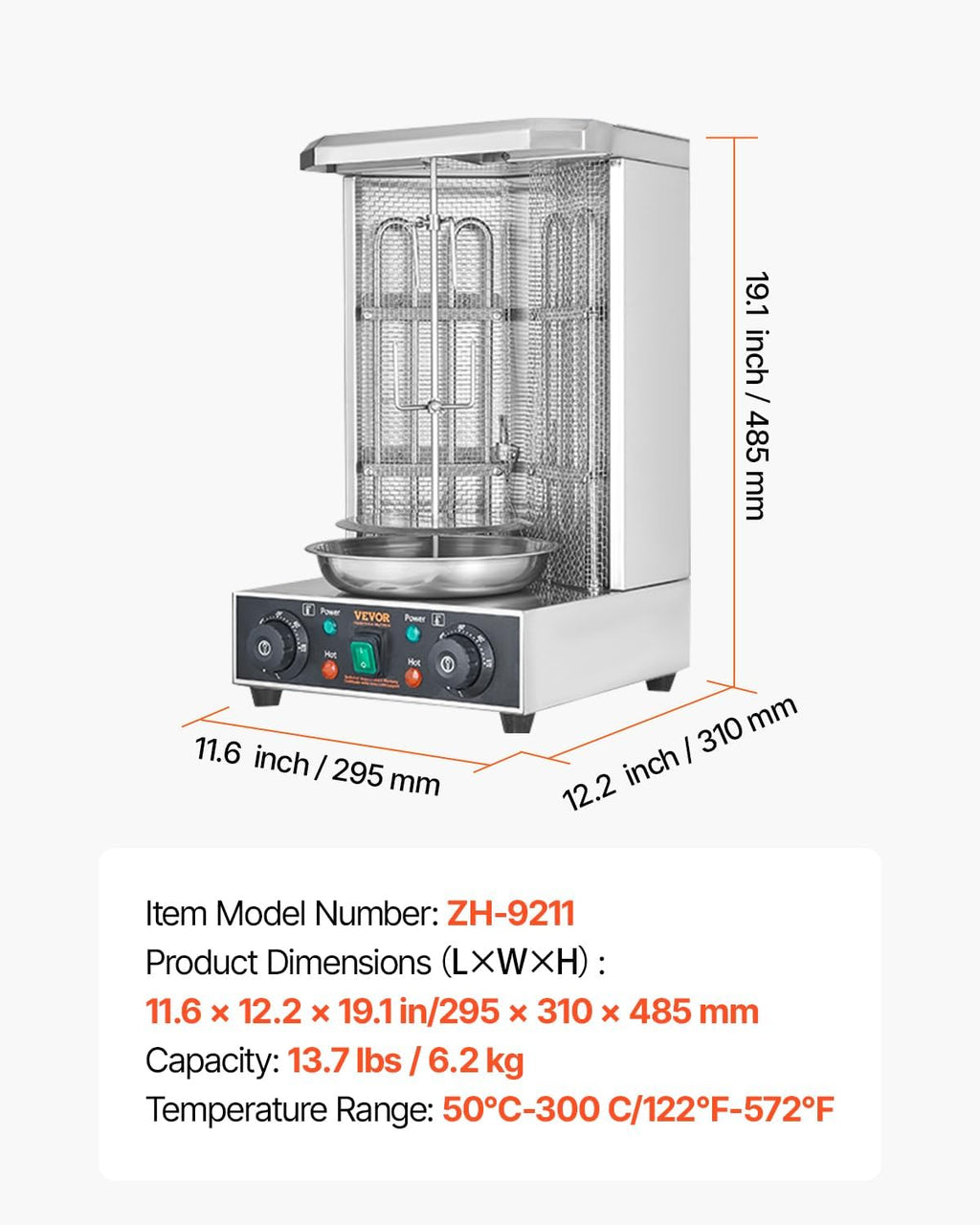 VEVOR Shawarma Grill Machine, 122°F-572°F, 13lbs Capacity, Chicken Shawarma Cooker Machine with 2 Burners, Stainless Steel, Electric Vertical Broiler Gyro Rotisserie Oven for Home and Commercial Use