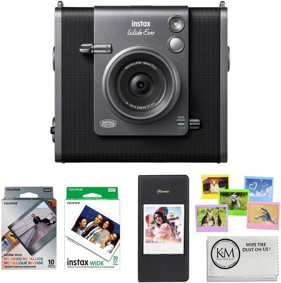 FUJIFILM INSTAX Wide EVO Hybrid Instant Camera | Black Bundle with 10 Exposures of Brushed Metallics Film + 20 Exposures of Film + Photo Album & Colored Frames + Cleaning Cloth (5 Items)