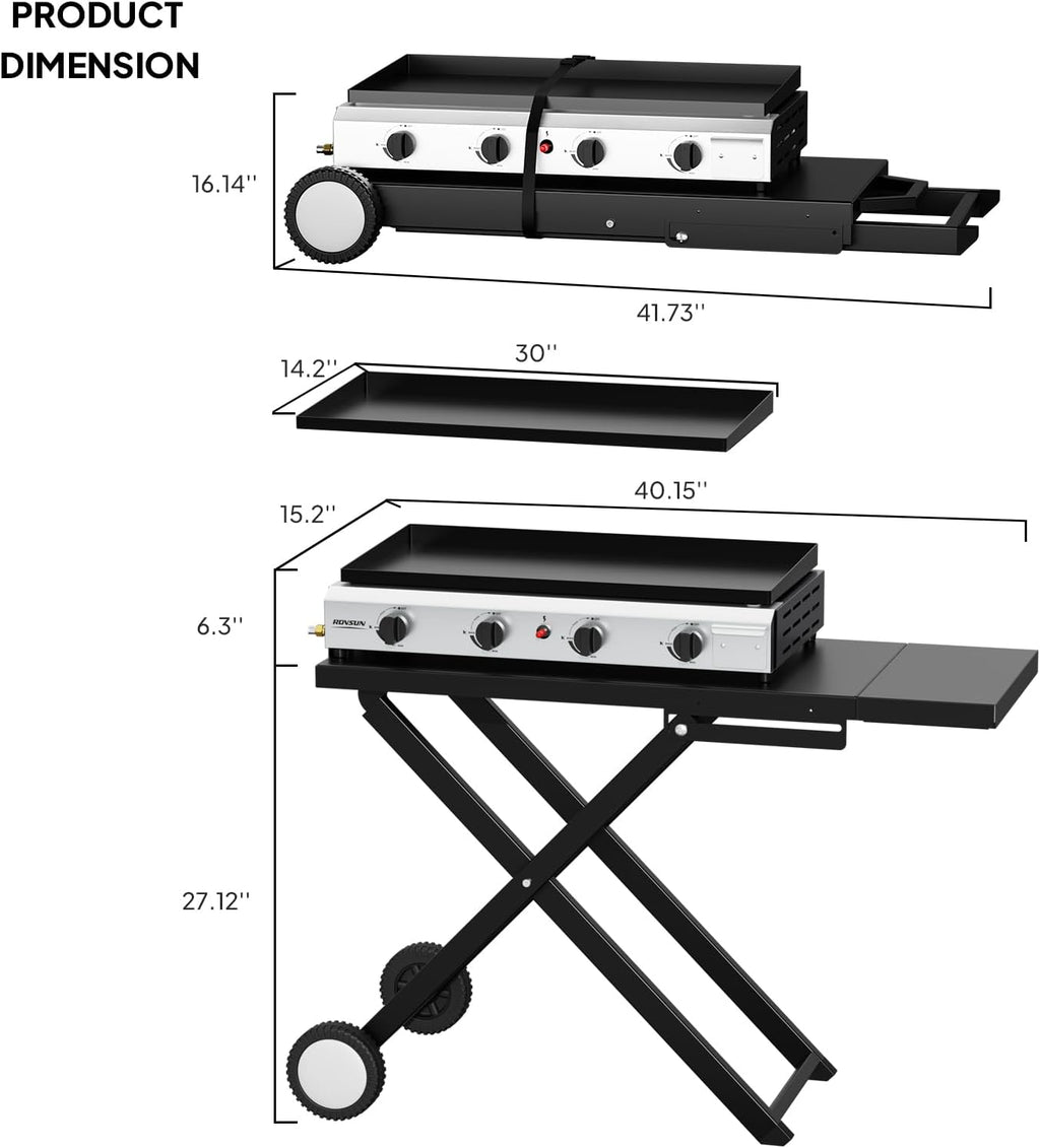 ROVSUN 4 Burner Foldable Propane Griddle with Wheels & Enameled Tray, 40000 BTU Portable Flat Top Gas Grill with Electronic Ignition & Regulator for Outdoor Cooking Camping BBQ Tailgating Picnicking