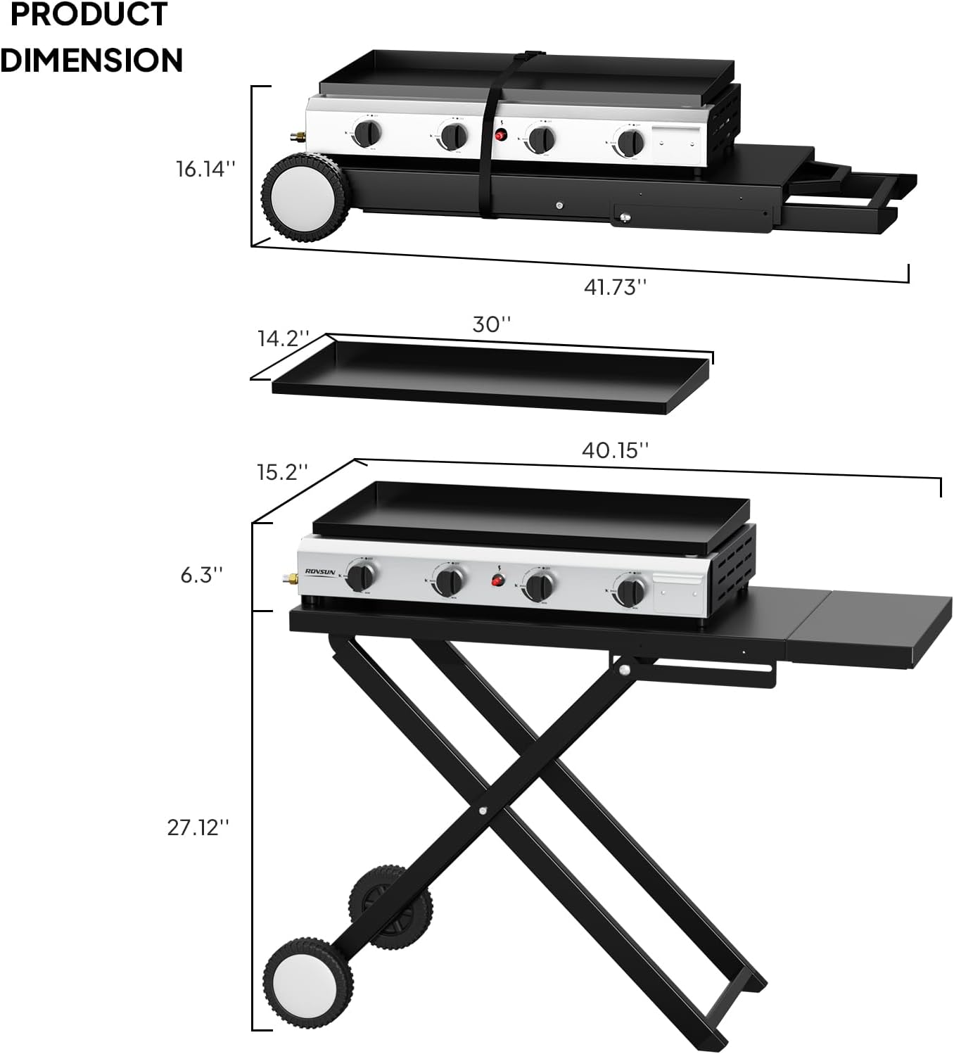 ROVSUN 4 Burner Foldable Propane Griddle with Wheels & Enameled Tray, 40000 BTU Portable Flat Top Gas Grill with Electronic Ignition & Regulator for Outdoor Cooking Camping BBQ Tailgating Picnicking
