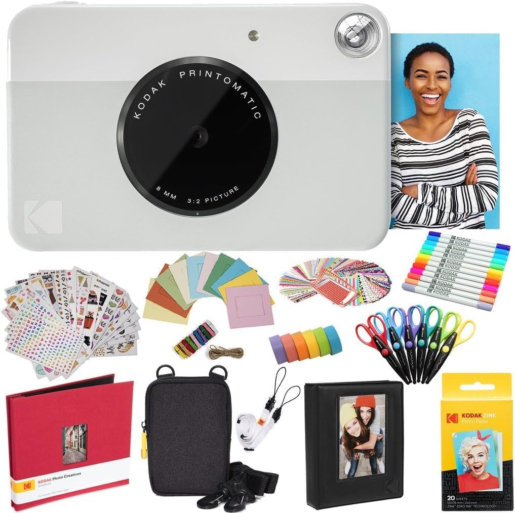 Kodak Printomatic Instant Camera (Grey) All-in-Bundle + Zink Paper (20 Sheets) + Deluxe Case + Photo Album + 7 Sticker Sets + Markers + Scissors and More