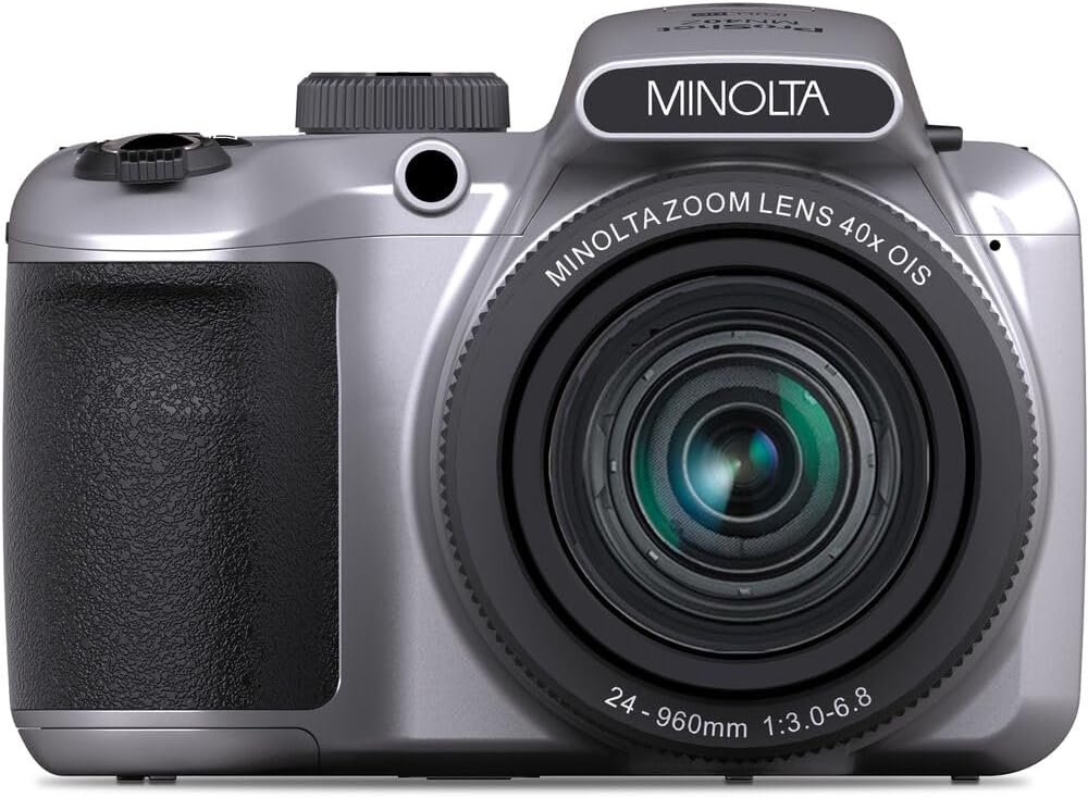MINOLTA MN40Z 20 Mega Pixels 40x Optical Zoom Digital Camera with 1080p FHD Video, Silver, Bundle with 64GB Memory Card + Vlog Tripod + 4xAA Battery with Charger + Accessories