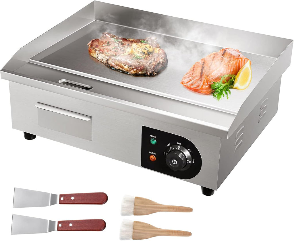 VEVOR Commercial Electric Griddle, 22', 1600W Countertop Flat Top Griddle, Stainless Steel Teppanyaki Grill w/Iron Cooking Plate, 122-572℉ Adjustable Temp Control 2 Shovels & Brushes, 110V