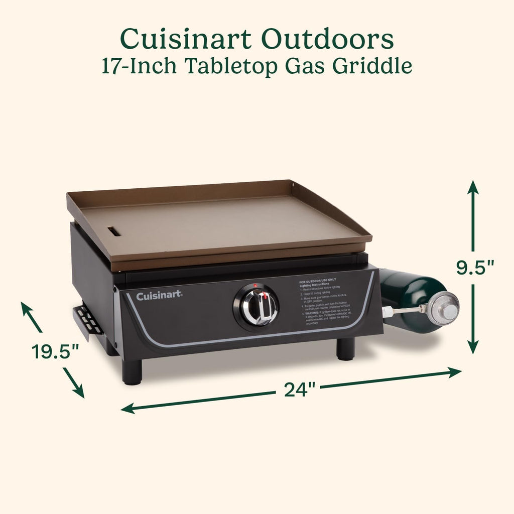 Cuisinart 17' Tabletop Gas Griddle, Easy Assembly Compact Outdoor Flat-Top Grill with Grease Cup, 255 Sq. In Cooking Space Perfect for Camping, Tailgates & BBQs