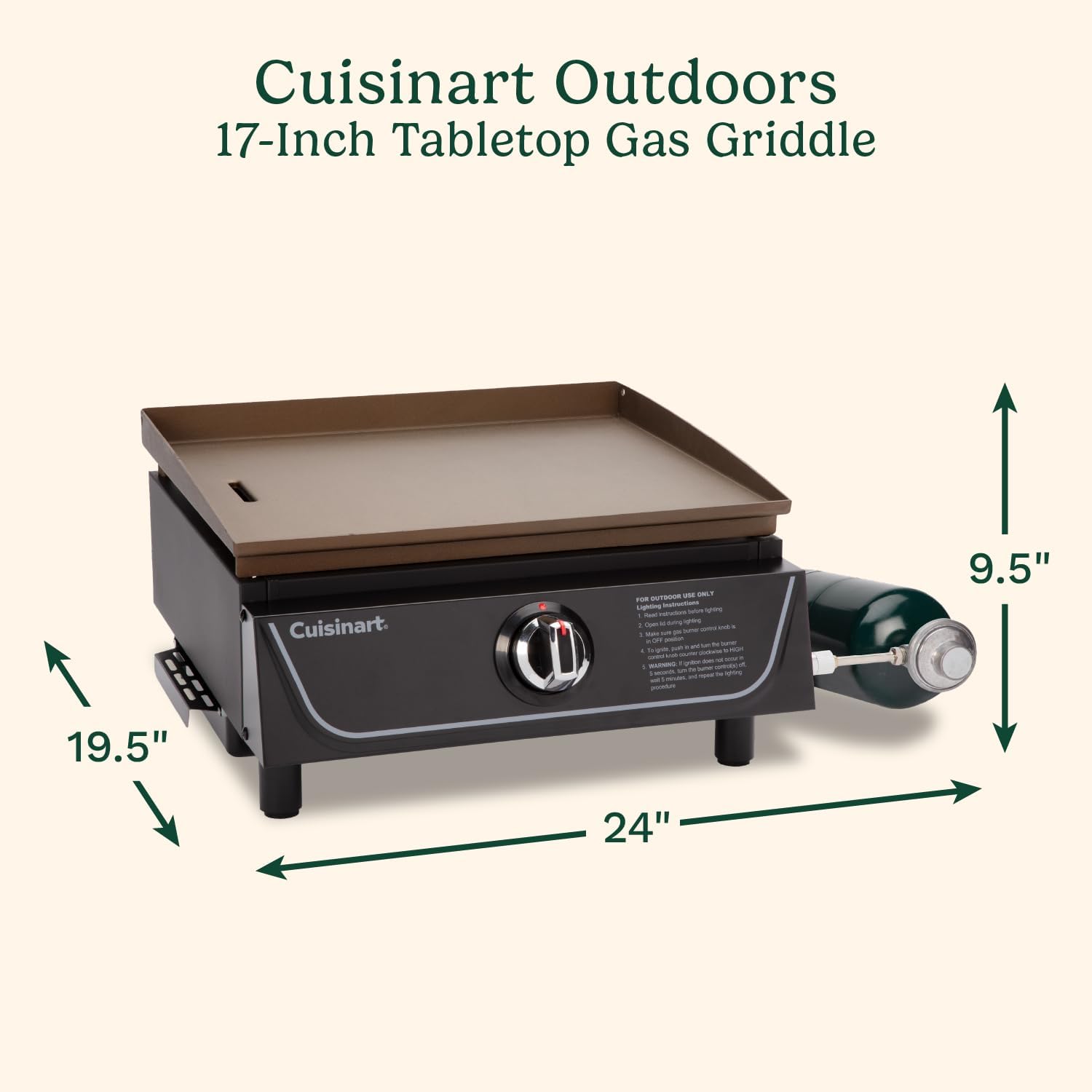 Cuisinart 17' Tabletop Gas Griddle, Easy Assembly Compact Outdoor Flat-Top Grill with Grease Cup, 255 Sq. In Cooking Space Perfect for Camping, Tailgates & BBQs