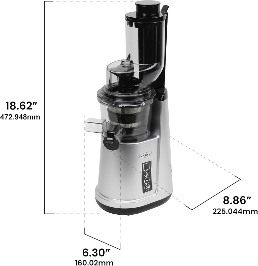 Omega Wide Mouth Juicer Compact Vertical Cold Press Vegetable and Fruit Juice Extractor with 3-Inch Hopper 2-Speed Slow Juicing with Space Saving Design, 120-Watts, Black