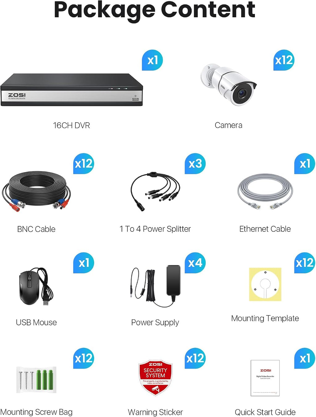 ZOSI 16 Channel Wired Security Camera System,12pcs 1080P Wired Outdoor Metal Cameras,One-Way Audio,AI Person/Vehicle Detection,Night Vision,H.265+ 16CH DVR for Business,Remote Access (No Hard Drive)