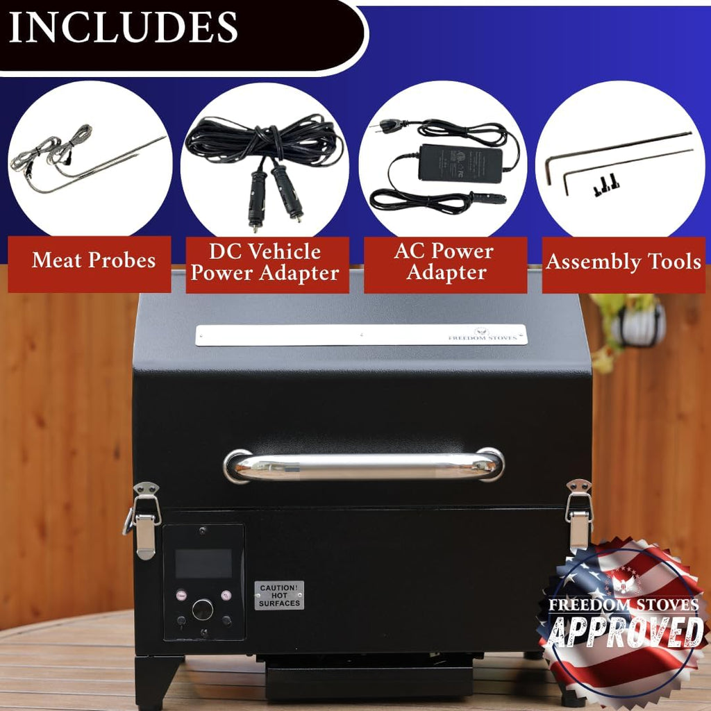Freedom Portable Pellet Grill & Smoker: Digital Display, Dual Meat Probes, 242 sq in Cooking Area, AC/DC Powered, Black