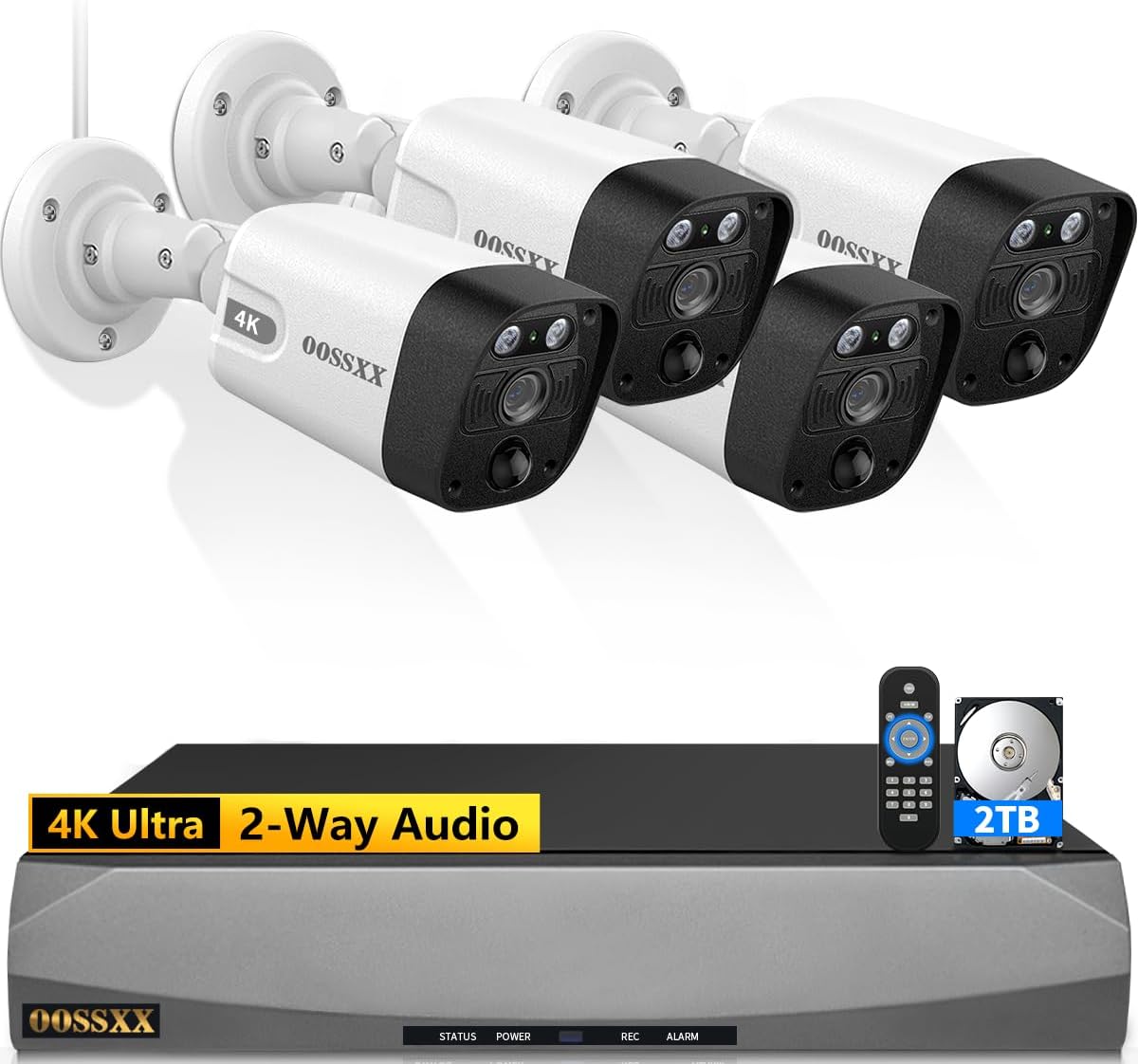 OOSSXX (2026 Update) 4K PoE Security Camera System w/PIR & AI Human Detection, 8CH NVR w/ 2TB HDD, 4 Cameras, 130° Ultra Wide Angle, 60-Day Recording, 2-Way Audio, Remote Control, No Monthly Fee