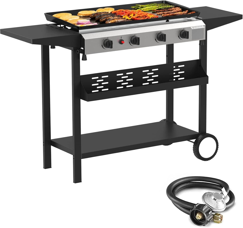 SKOK 4 Burner Gas Griddle- 30 Inch Outdoor Propane Griddle-Portable Flat Top Gas Grill Camping Griddle Station with Side Shelves for Kitchen, BBQ, Camping Tailgating