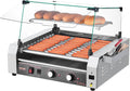 VEVOR Hot Dog Roller, 30 Hot Dog 11 Rollers, Stainless Steel Sausage Grill Cooker, 1600W Commercial Hot Dog Machine with Dual Temp Control, Cover, Side Storage Box, Removable Shelf & Oil Drip Tray