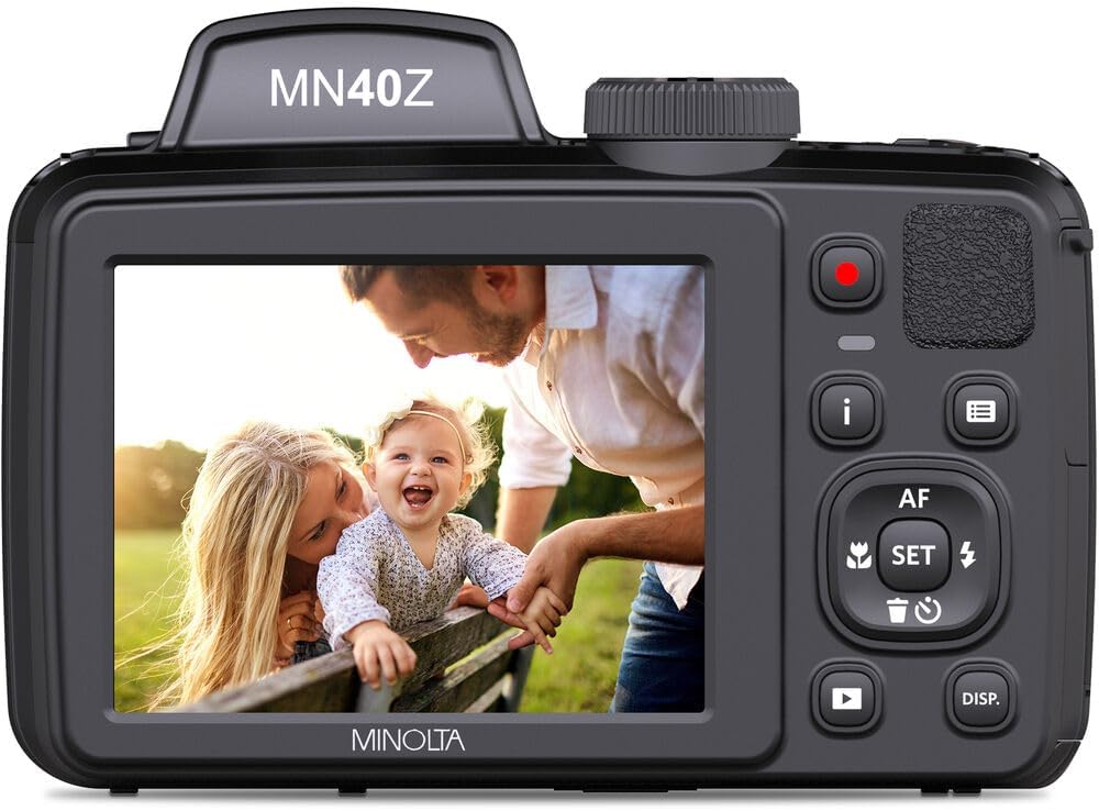 MINOLTA MN40Z 20 Mega Pixels 40x Optical Zoom Digital Camera with 1080p FHD Video, Black, Bundle with 64GB Memory Card + Vlog Tripod + 4xAA Battery with Charger + Accessories