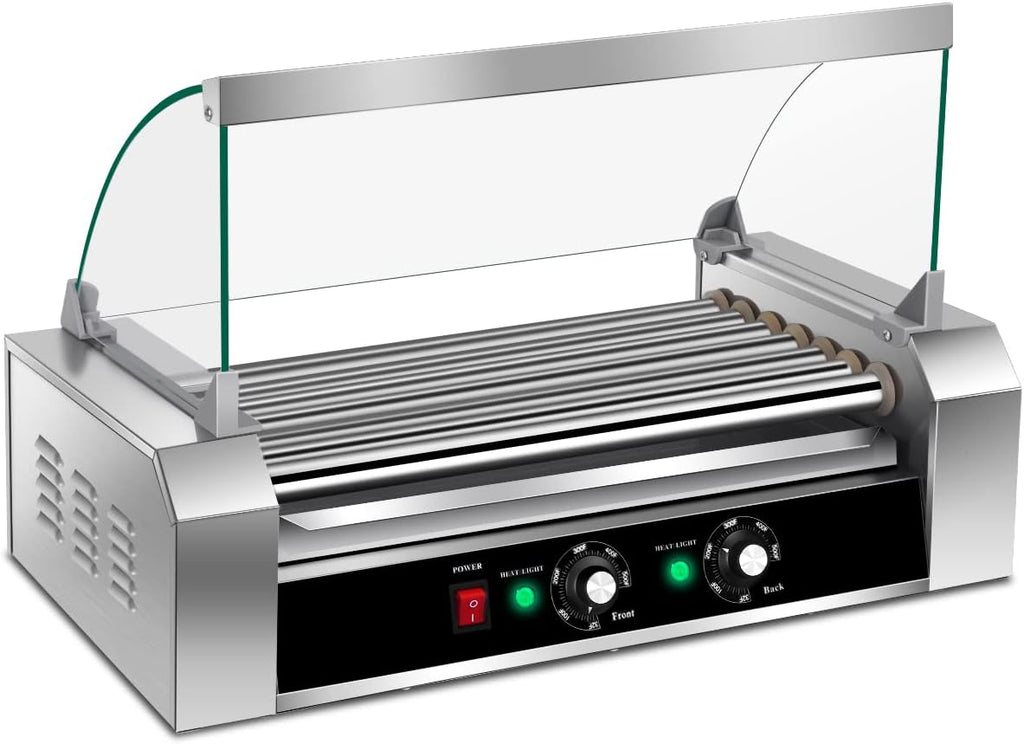 Giantex Hot Dog Roller Machine, 7 Non-Stick Rollers 18 Hot Dog Sausage Grill Cooker Machine with Removable Stainless Steel Drip Tray and Glass Hood Cover, Commercial Household Hot Dog Rotisserie