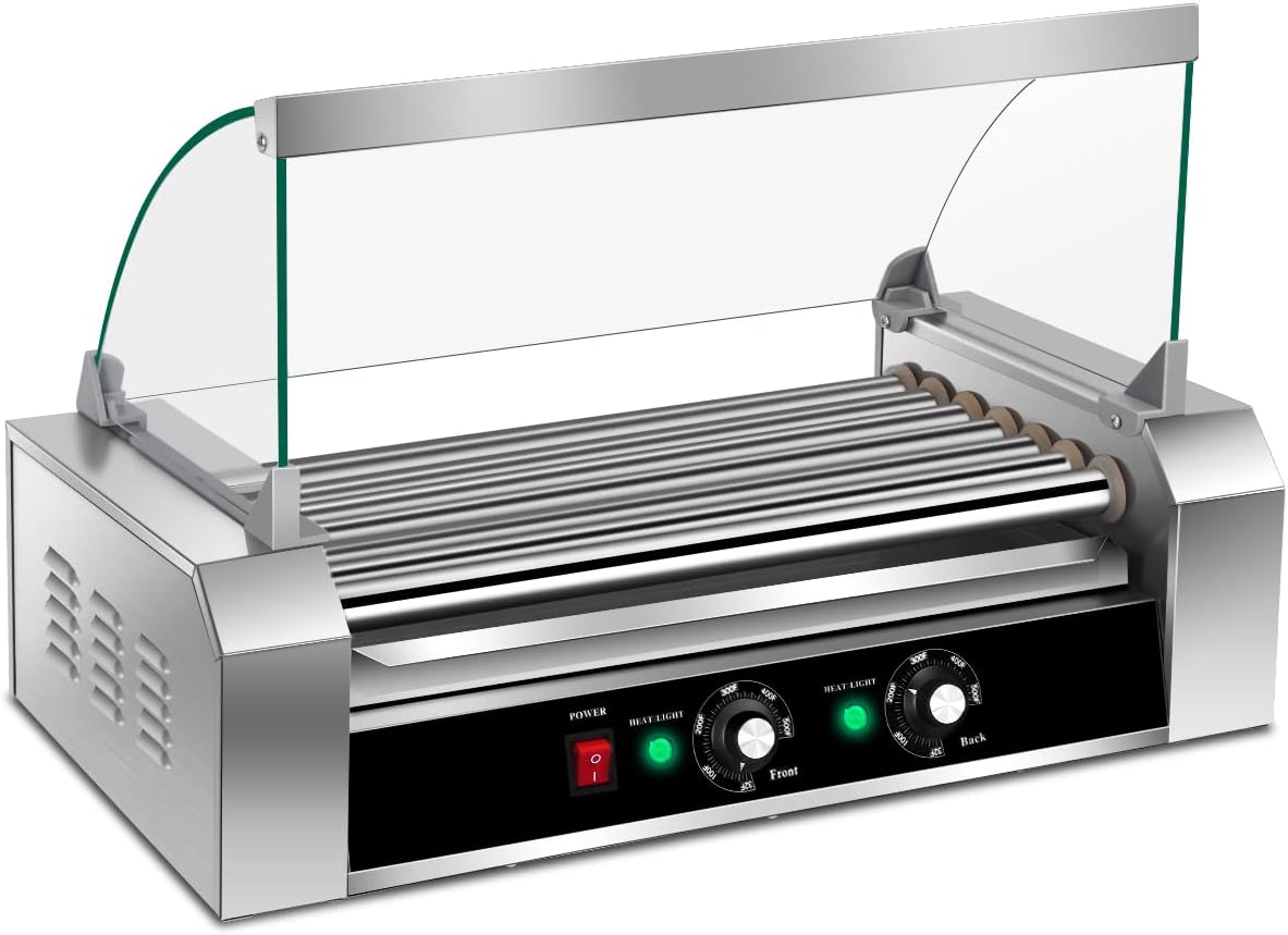 Giantex Hot Dog Roller Machine, 7 Non-Stick Rollers 18 Hot Dog Sausage Grill Cooker Machine with Removable Stainless Steel Drip Tray and Glass Hood Cover, Commercial Household Hot Dog Rotisserie