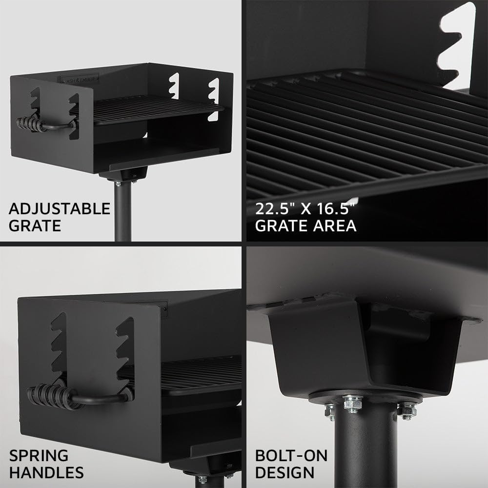 Ash & Ember 384 Sq. In Park-Style Charcoal Grill, Single Post Barbeque Grill, Adjustable Grate Height with Spring Handles, Outdoor Camping & Backyard BBQ Cookout