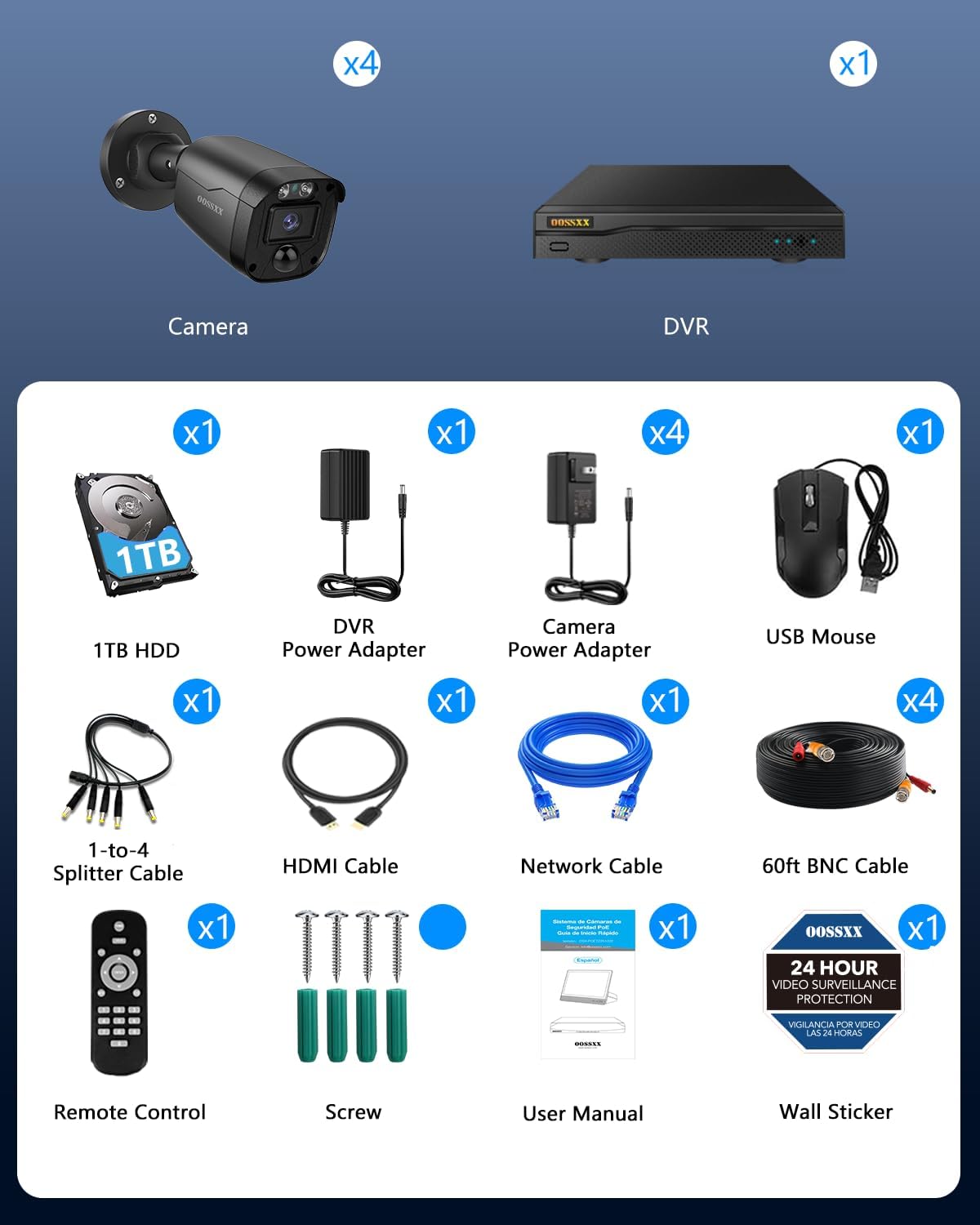OOSSXX 5MP Wired CCTV Security Camera System with 122 Ultra Wide Angle, 4CH HD DVR Kit, 4X IP66 Indoor Outdoor Cameras, 65ft IR Night Vision, Free App, No Subscription Fee, Remote Access