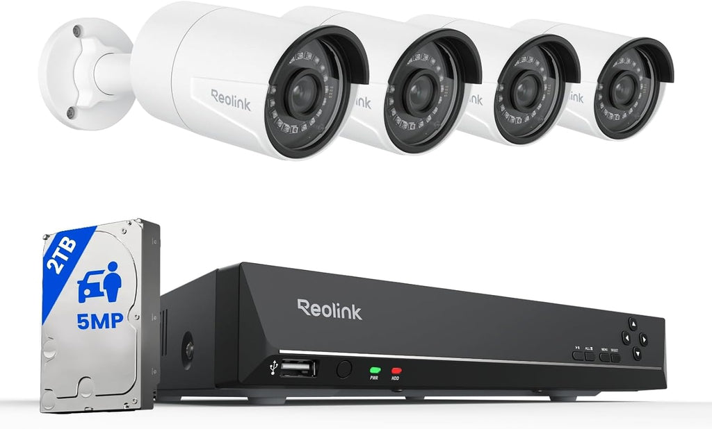 REOLINK 8CH 5MP Security Camera System, 4pcs Wired PoE Cameras for Home Security Outdoors, Smart Person/Pet/Vehicle Detection, 4K 8CH NVR with 2TB HDD for 24-7 Recording, RLK8-410B4-5MP White