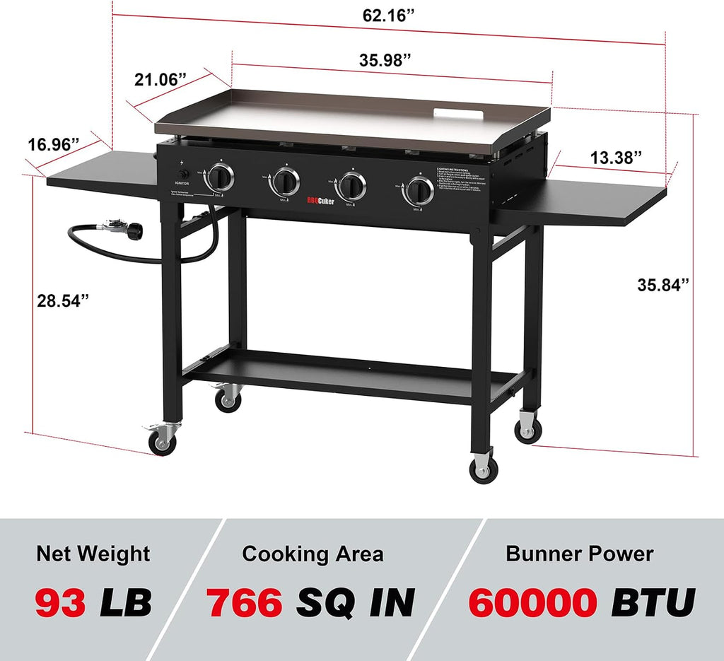 BBQCuker 4-Burner Propane Gas Griddle, 60,000 BTU Flat Top Grill with Removable Side Tables, Bottom Tray and Foldable Legs, 766 sq. in. Cooking Area, Portable Outdoor Griddle for Camping, BBQ (BLACK)