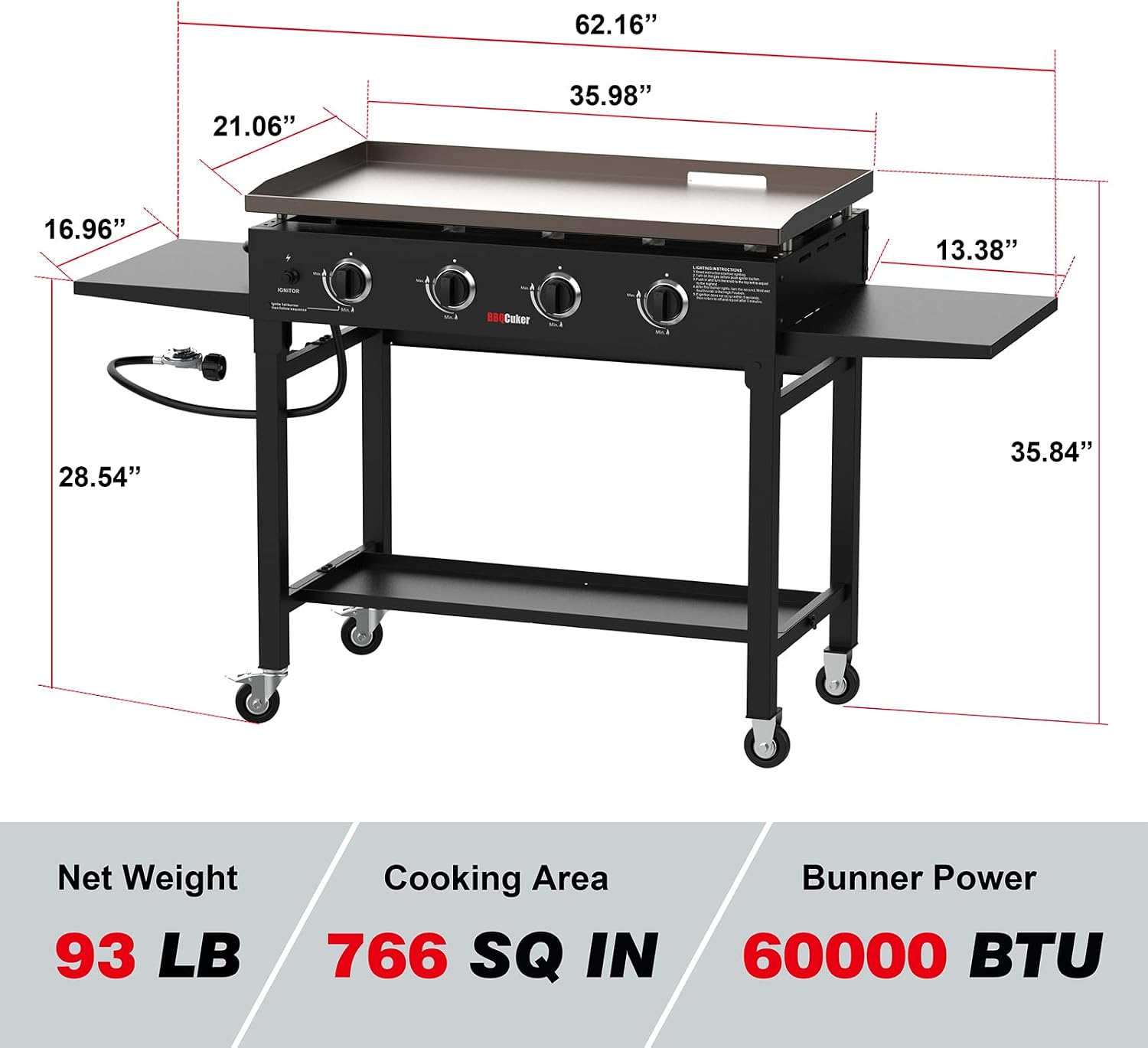 BBQCuker 4-Burner Propane Gas Griddle, 60,000 BTU Flat Top Grill with Removable Side Tables, Bottom Tray and Foldable Legs, 766 sq. in. Cooking Area, Portable Outdoor Griddle for Camping, BBQ (BLACK)