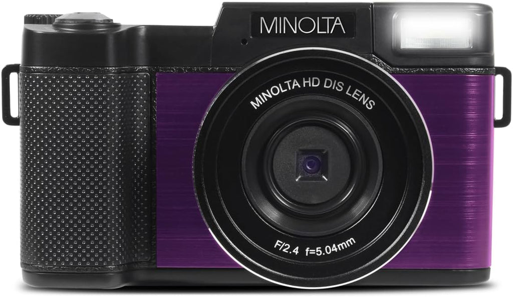 Minolta 30MP Digital Camera – 2.7K Ultra HD Video, 3-inch 180° LCD Screen, Face Detection, Anti-Shake, 9 Scene Modes, Photo Burst, Panorama, CMOS Sensor, 32GB Card (Purple)