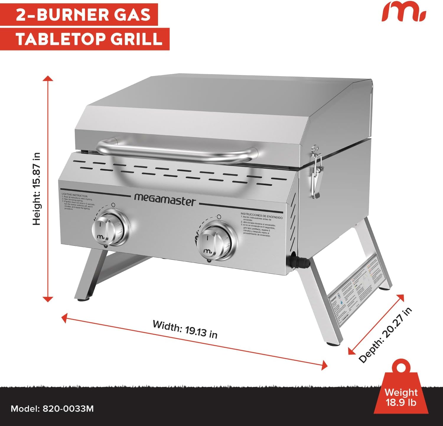 Megamaster 2-Burner Stainless Steel Portable Gas Grill with Built-In Lid, 16,000 BTUs, Foldable Legs, Small Propane Grill for Outdoor Cooking, Camping, Tailgating, Patios, and More - 820-0033M