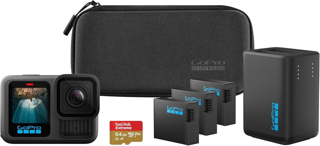GoPro HERO13 Black Extended Power Bundle - Includes Dual Battery Charger, 3 Enduro Batteries, 64GB microSD Card, Curved Adhesive Mount, and Camera Case