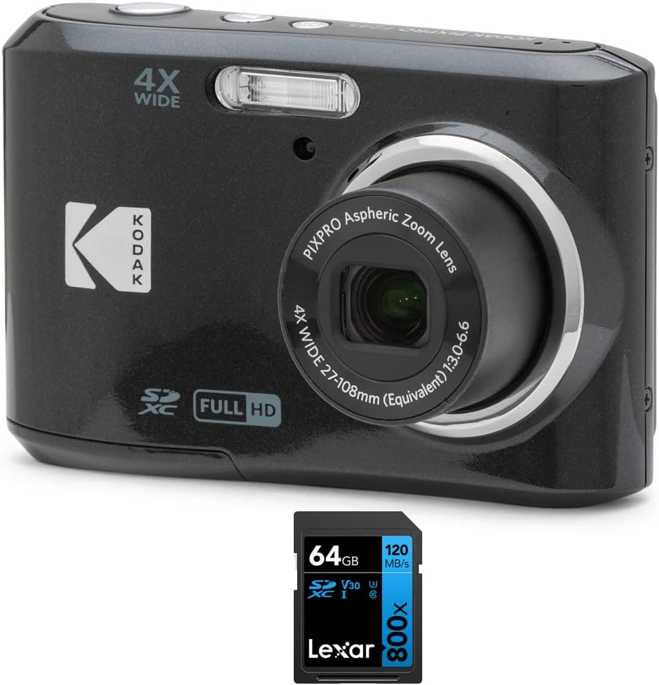 Kodak FZ45BK PIXPRO 16MP Digital Camera Black Bundle with Lexar 64GB High-Performance 800x UHS-I SDHC Memory Card Blue Series
