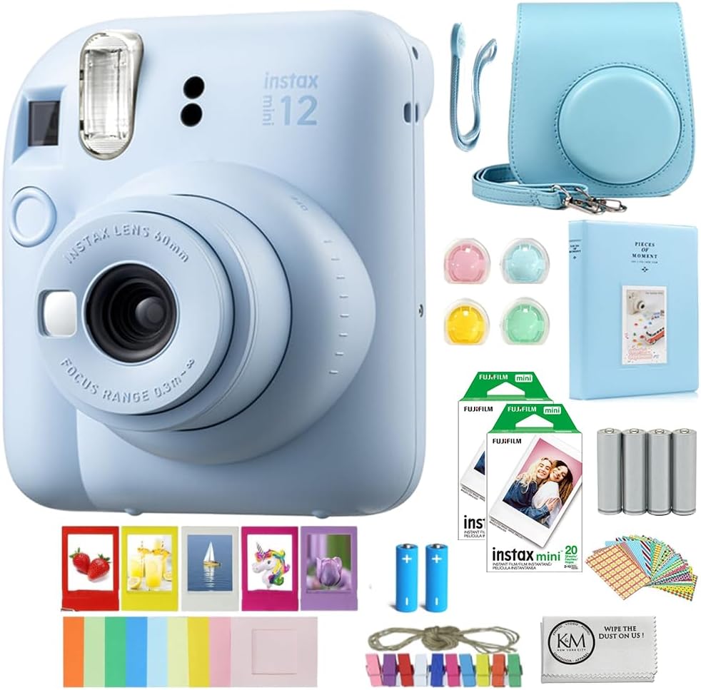 FUJIFILM INSTAX Mini 12 Instant Film Camera | Pastel Blue Bundled with INSTAX Mini Instant Film |40 Exposures + Instax Accessory Bundle + AA Batteries + Cleaning Cloth (10 Items)