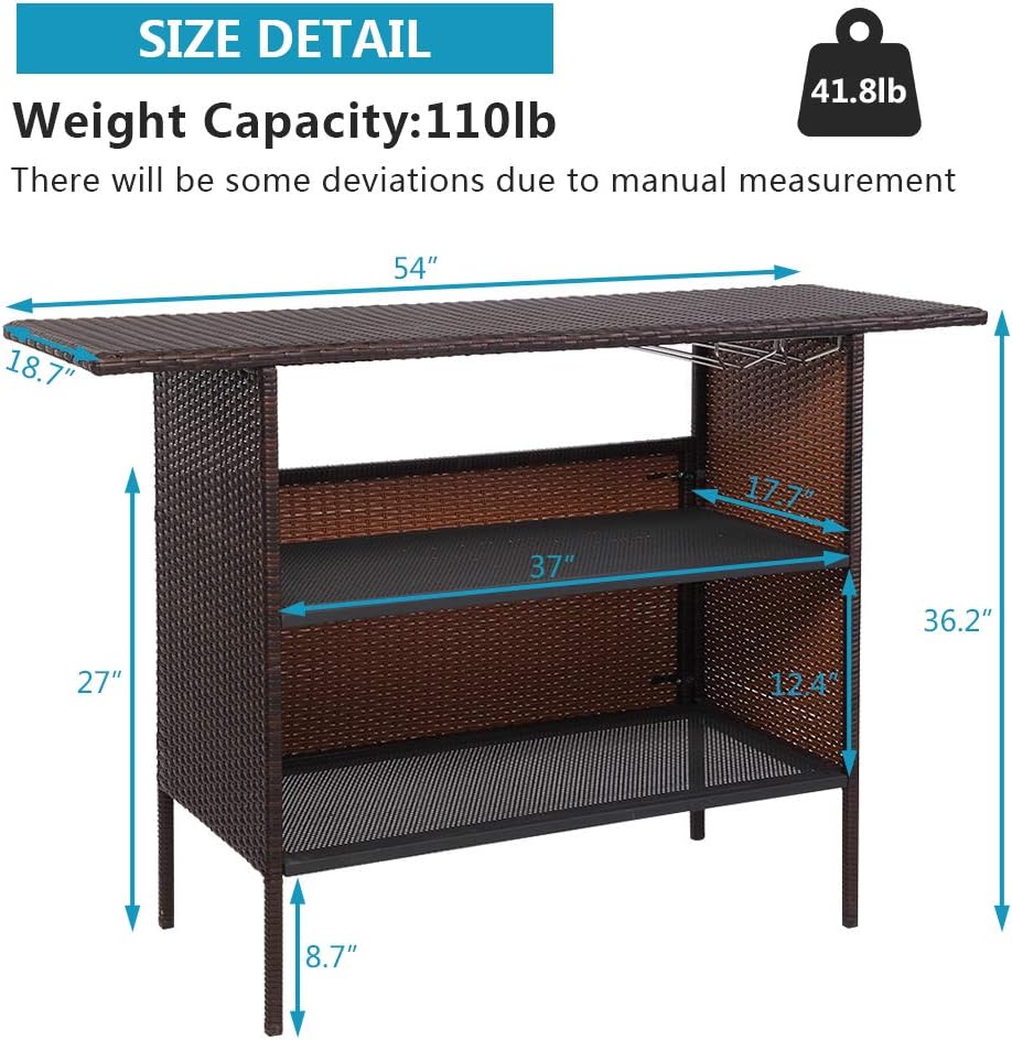 VINGLI Wicker Outdoor Bar Table with 2 Steel Shelves, Sets of Rails, Rattan Patio Storage for Backyard, Poolside, Garden