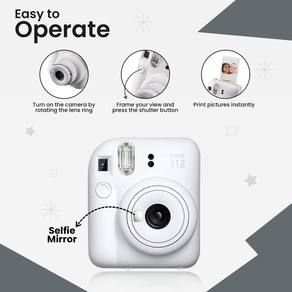 Fujifilm Instax Mini 12 Instant Camera (Clay White w/ 2X Twin Packs)