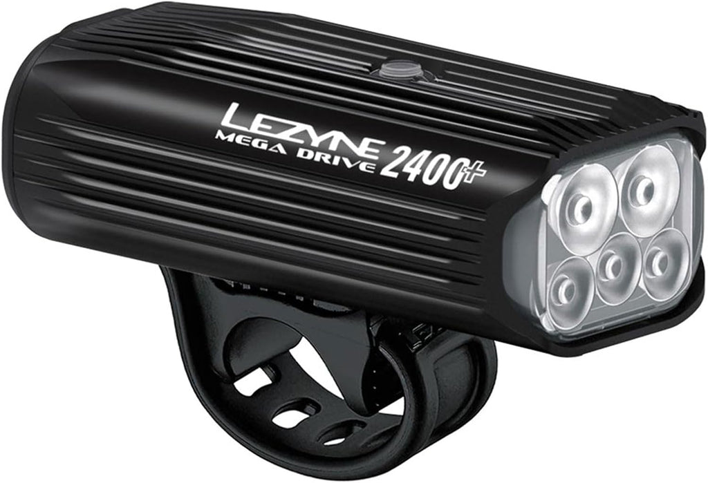 LEZYNE Mega Drive Bicycle USB Rechargeable Durable Weather-Resistant IPX7 White LED Front Light with Multiple Solid & Flash Modes | Integrated Silicone Rubber Strap Mount | 2400/1800 Lumens Options