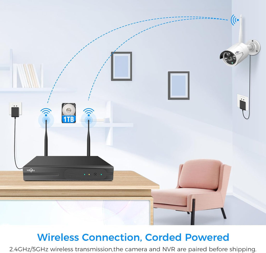 [100ft] Hiseeu Wireless WiFi Security Camera System, Wired Plug-in Powered, Expandable 16CH 4K NVR, 4Pcs 3MP Night Vision Cameras Home Surveillance Outdoor, Motion Detection, 1TB HDD, One-Way Audio