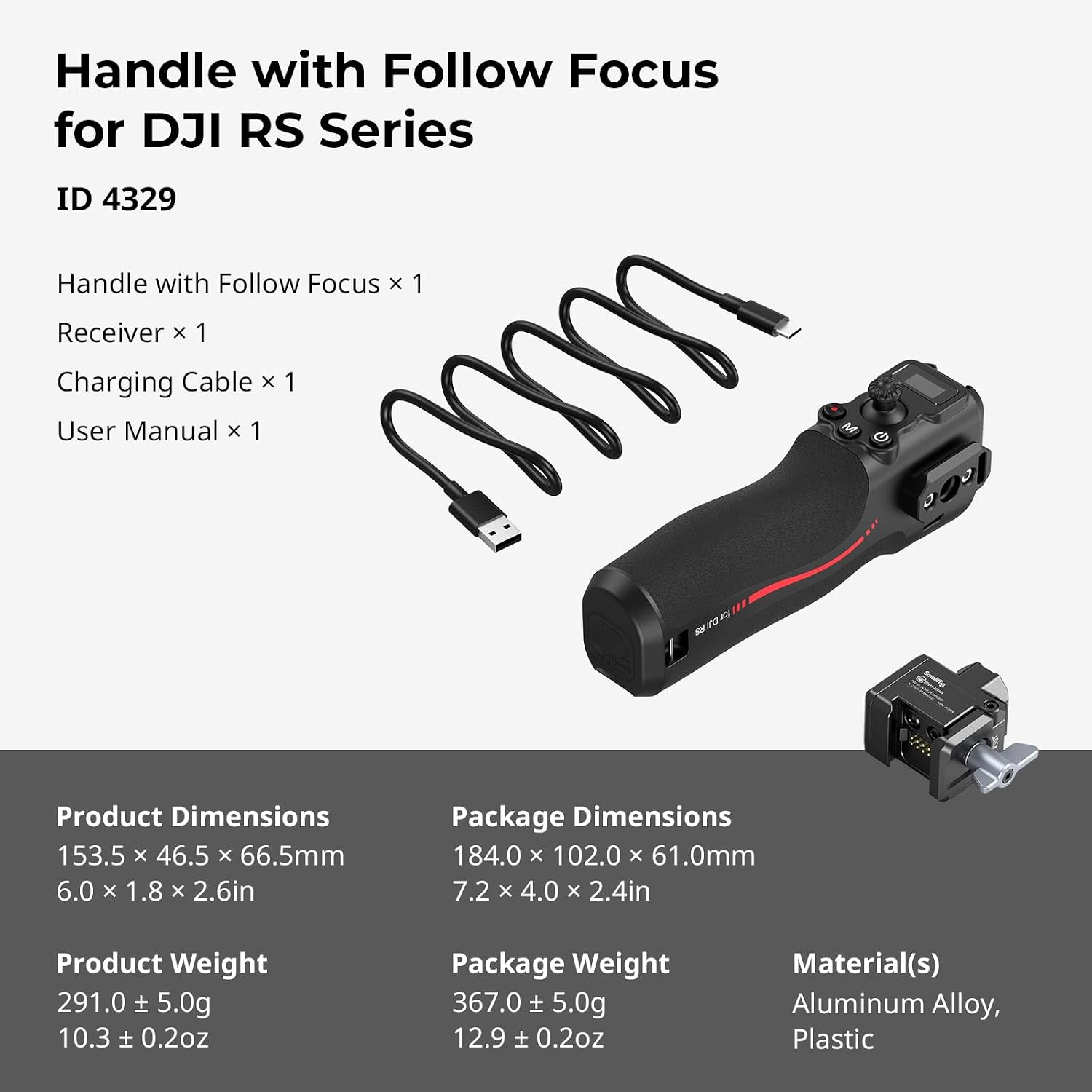 SMALLRIG Handle with Follow Focus for DJI RS 2 / RS 3 Pro/RS 4 / RS 4 Pro/RS 5 Gimbal Stabilizer, Handle with 1/4'-20 locating Holes and a Cold Shoe Mount, Max Load 4.4lb