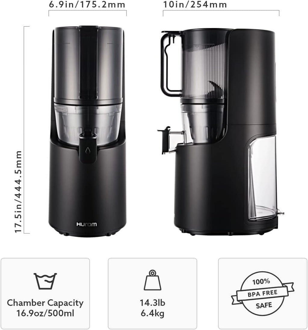 Hurom H-200 Electronic Slow Juicer Machine (Silver) - Self Feeding w Big Mouth Hopper to Fit Whole Fruits & Vegetables - Healthy Living - Easy Rinse Clean No Scrub BPA Free Easy Assembly