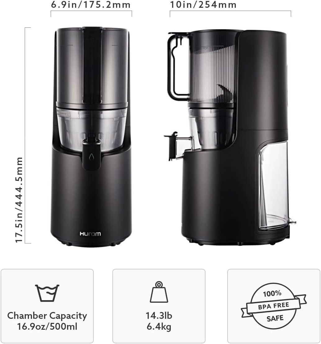 Hurom H-200 Electronic Slow Juicer Machine (Silver) - Self Feeding w Big Mouth Hopper to Fit Whole Fruits & Vegetables - Healthy Living - Easy Rinse Clean No Scrub BPA Free Easy Assembly