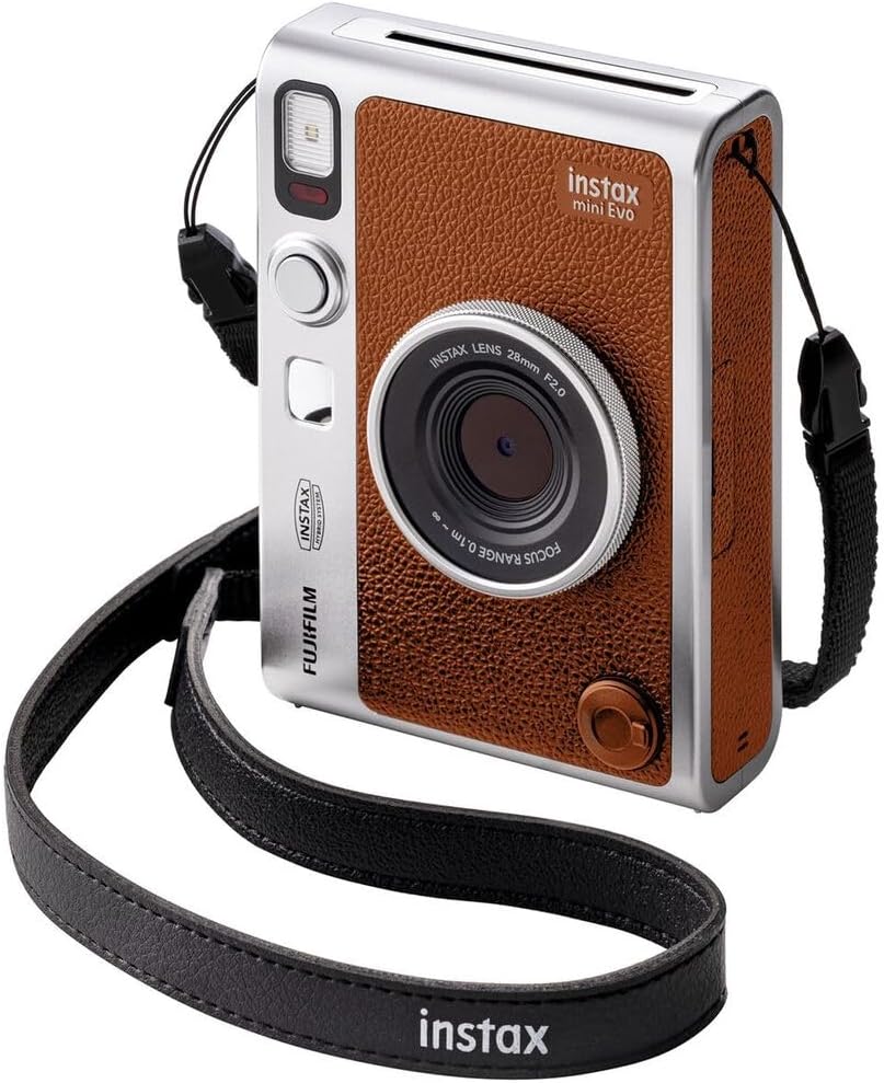 FUJIFILM INSTAX MINI EVO Hybrid Instant Camera | Brown Bundle with Instax Mini Film | 20 Exposures + 64GB Micro SD Card + Mini Album, Borders, Stickers & Clips + Cleaning Cloth (5 Items)