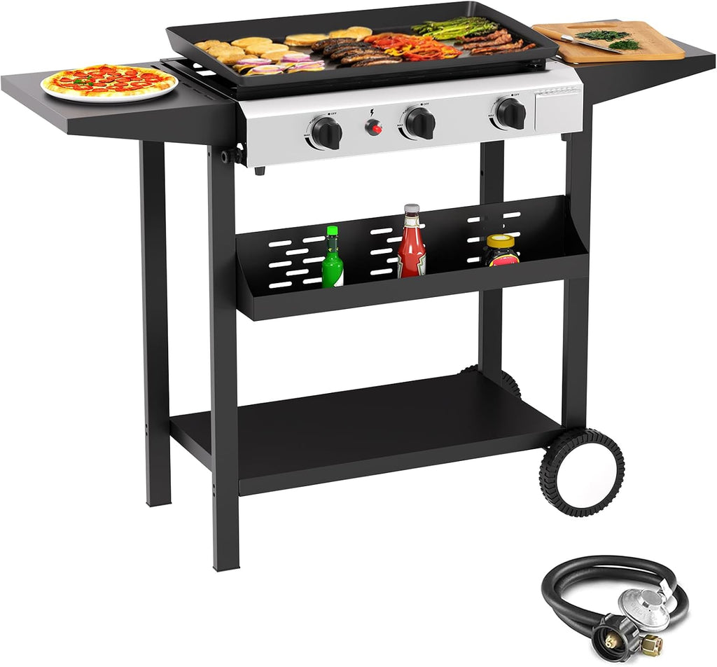 SKOK 3 Burner Outdoor Propane Griddle - 23.3 Inch, 30000 BTU, Portable Flat Top Gas Grill for Camping BBQ