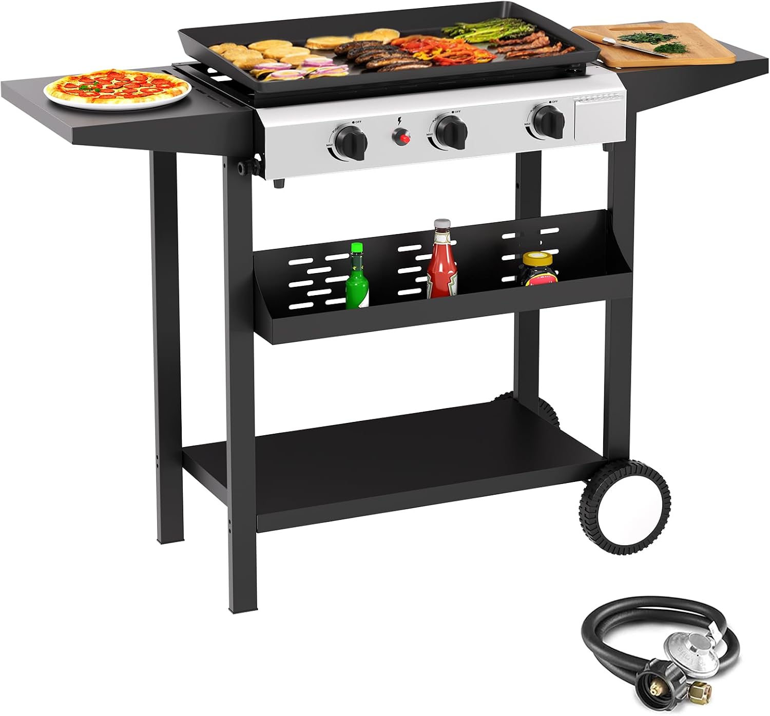 SKOK 3 Burner Outdoor Propane Griddle - 23.3 Inch, 30000 BTU, Portable Flat Top Gas Grill for Camping BBQ