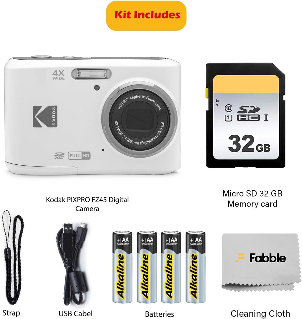 KODAK PIXPRO FZ45 16MP Digital Camera with 4X Optical Zoom 27mm Wide Angle and 2.7' LCD Screen Bundle with 32GB SD Memory Card, AA Batteries (4 Pack), Lens Cleaning Cloth (White)