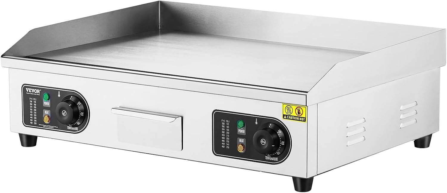 VEVOR Upgraded Commercial Electric Griddle, 2800W Stainless Steel Countertop Flat Top Grill, 26'' Griddle Grill with 2 Shovels and 2 Brushes, 122℉-572 ℉ Adjustable Temp, for Home Restaurant(No Plug)