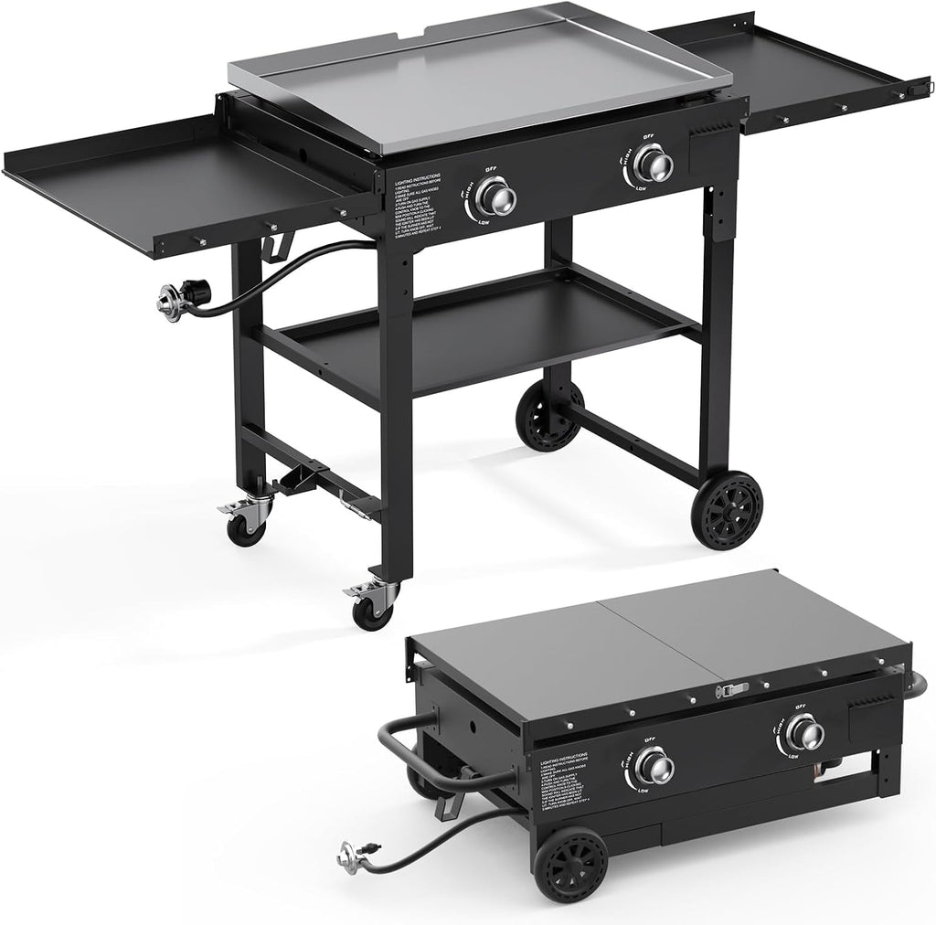 2 Burner Foldable Gas Griddle, 28 Inch Stainless Steel Portable Detachable Propane Griddle, 30,000 BTU Flat Top Barbecue Grill with Side Shelves for Camping