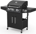 ROVSUN 3-Burner Propane Gas BBQ Grill with Side Burner & Enameled Cast Iron Grates, 46,000 BTU Barbecue Grill with Wheels for Outdoor Patio Backyard Cooking Grilling, Black