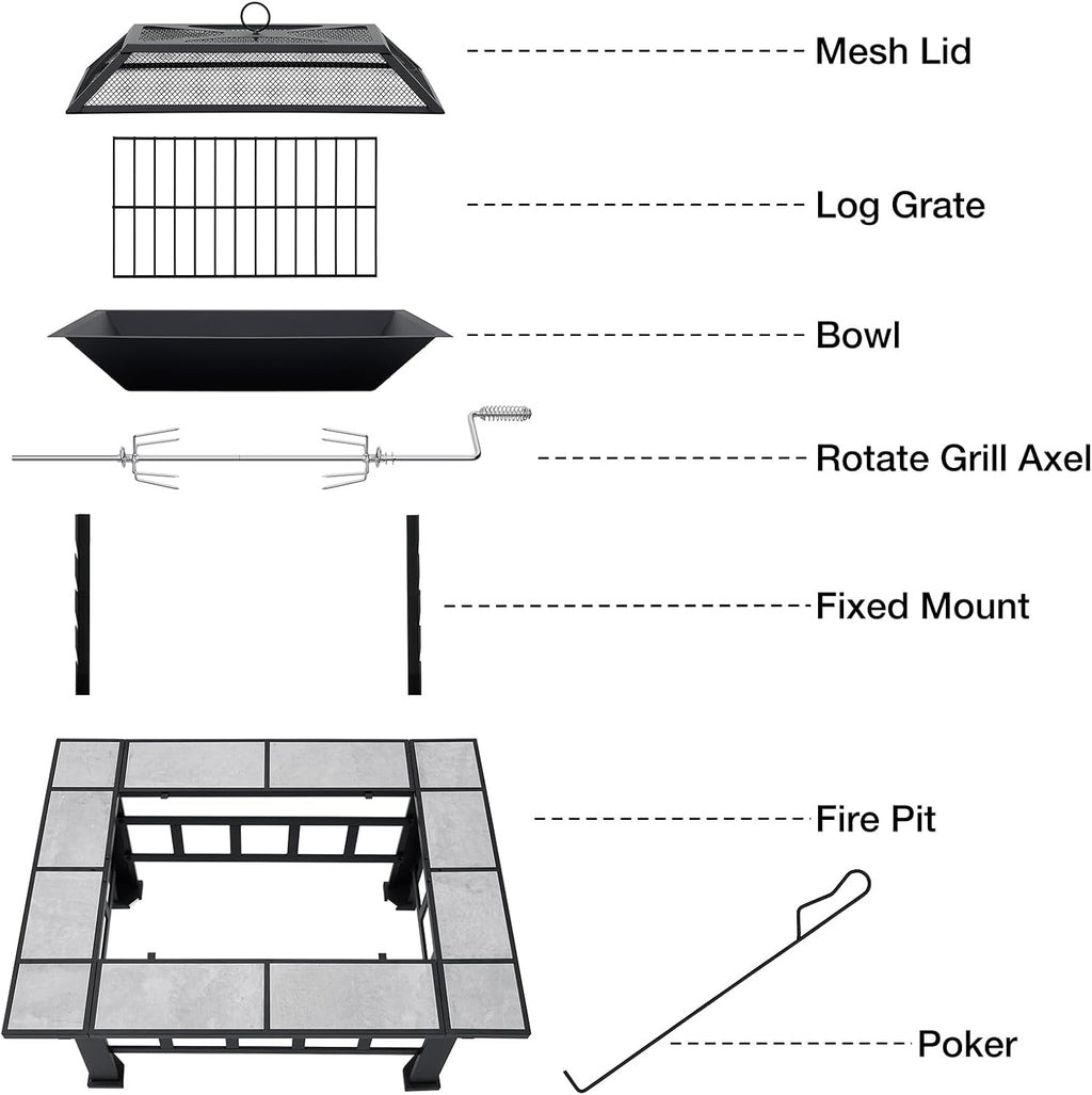 Fire Pit Table for Outside 37 Inch Square Firepits with Grill Large Wood Burning Heavy Duty Steel BBQ Bonfire Pit Outdoor Cooking with Spark Screen Log Grate Poker for Backyard Garden Camping