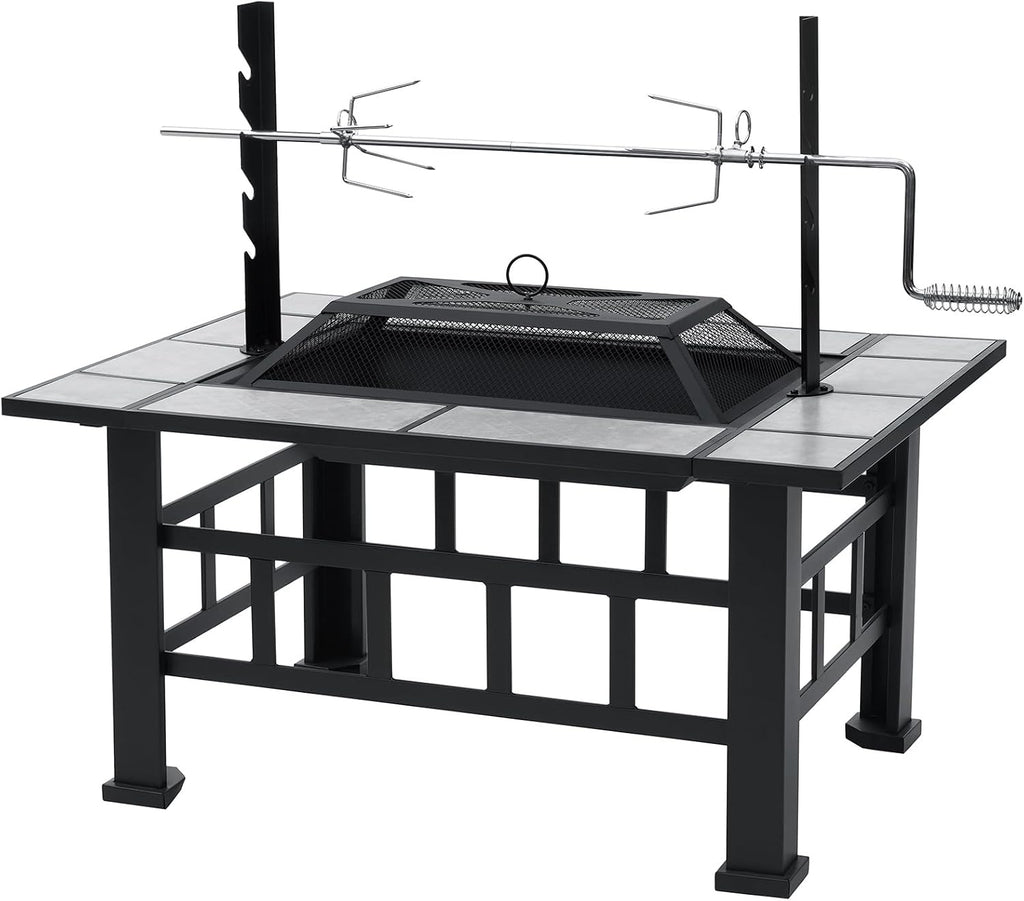 Fire Pit Table for Outside 37 Inch Square Firepits with Grill Large Wood Burning Heavy Duty Steel BBQ Bonfire Pit Outdoor Cooking with Spark Screen Log Grate Poker for Backyard Garden Camping
