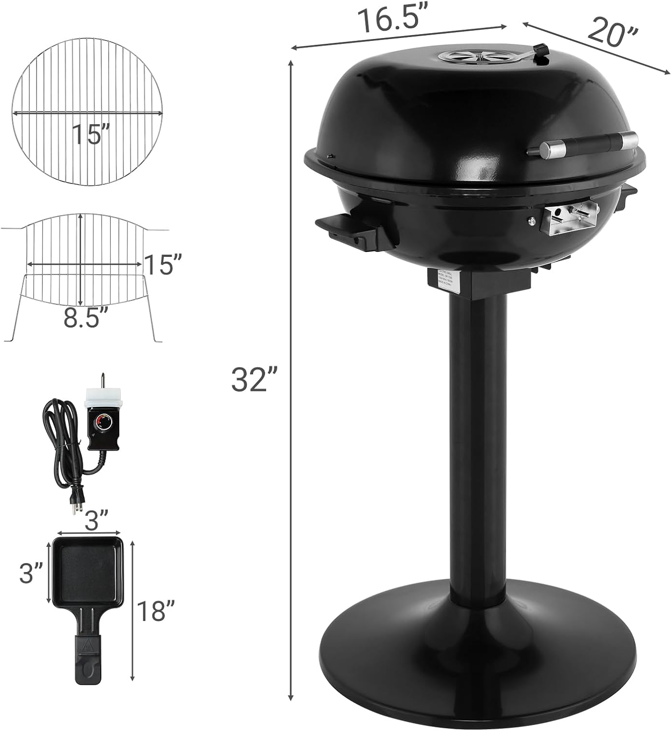 Electric BBQ Grill with Stand, 1600W Portable Indoor Outdoor Electric Grill with Lid and Warming Rack, Double Layer Design, Adjustable Temperature Control, Fits 10 Burgers, Backyard Cooking Black