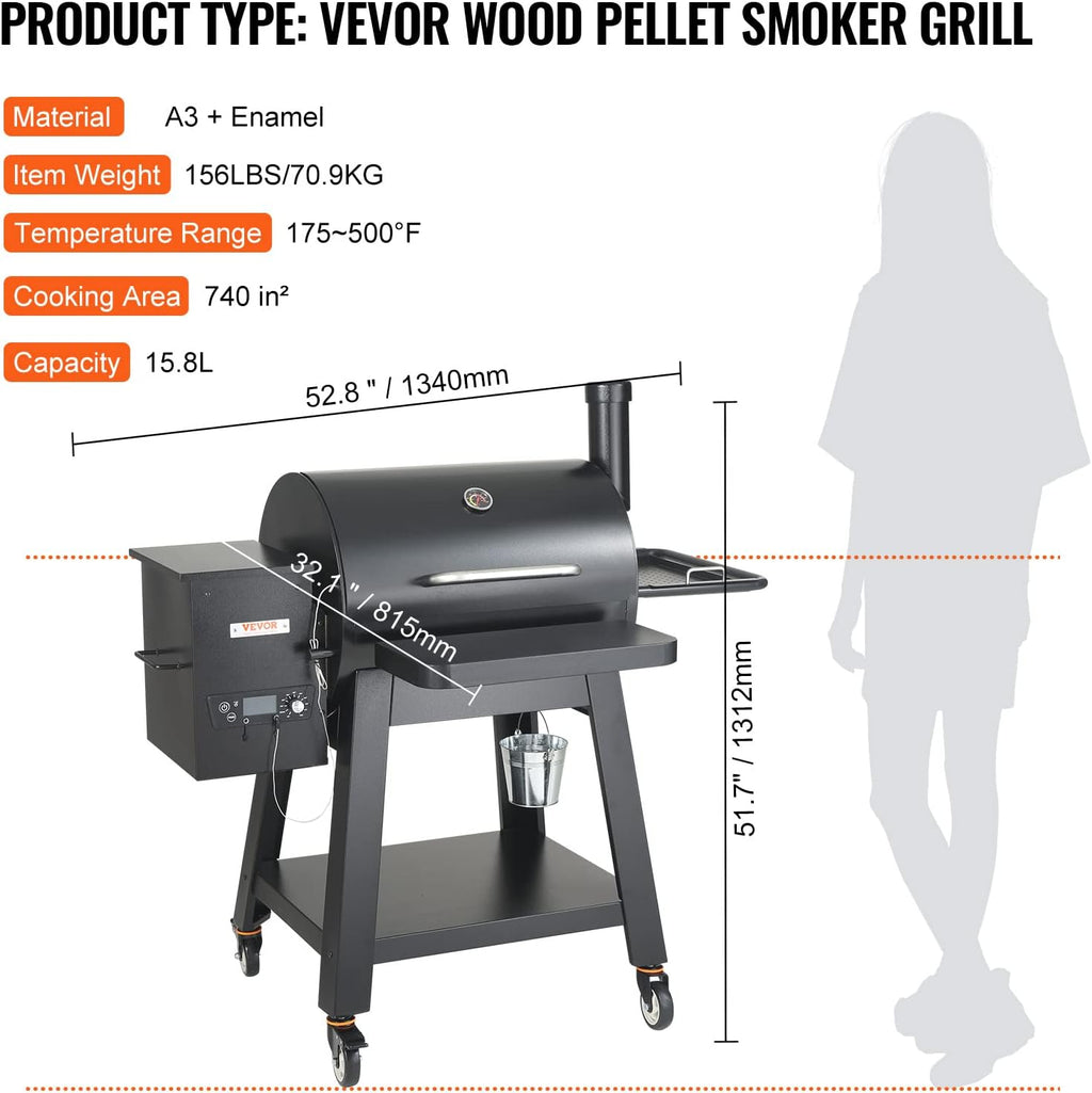 VEVOR Smoker Grill, Portable Wood Pellet Grill with Cart, 8 IN 1 BBQ Grill with PID Temperature Control for Outdoor Cooking, Barbecue Camping, Picnic, 730 sq, Patio and Backyard, Black